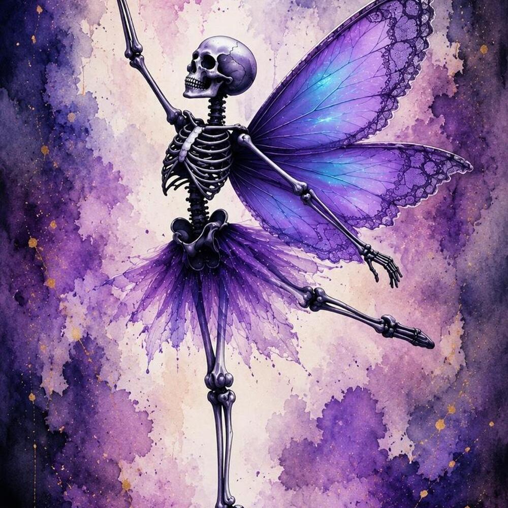 5x7 Framed Skeleton Fairy Art Print – Purple Gothic Fantasy Wall Decor